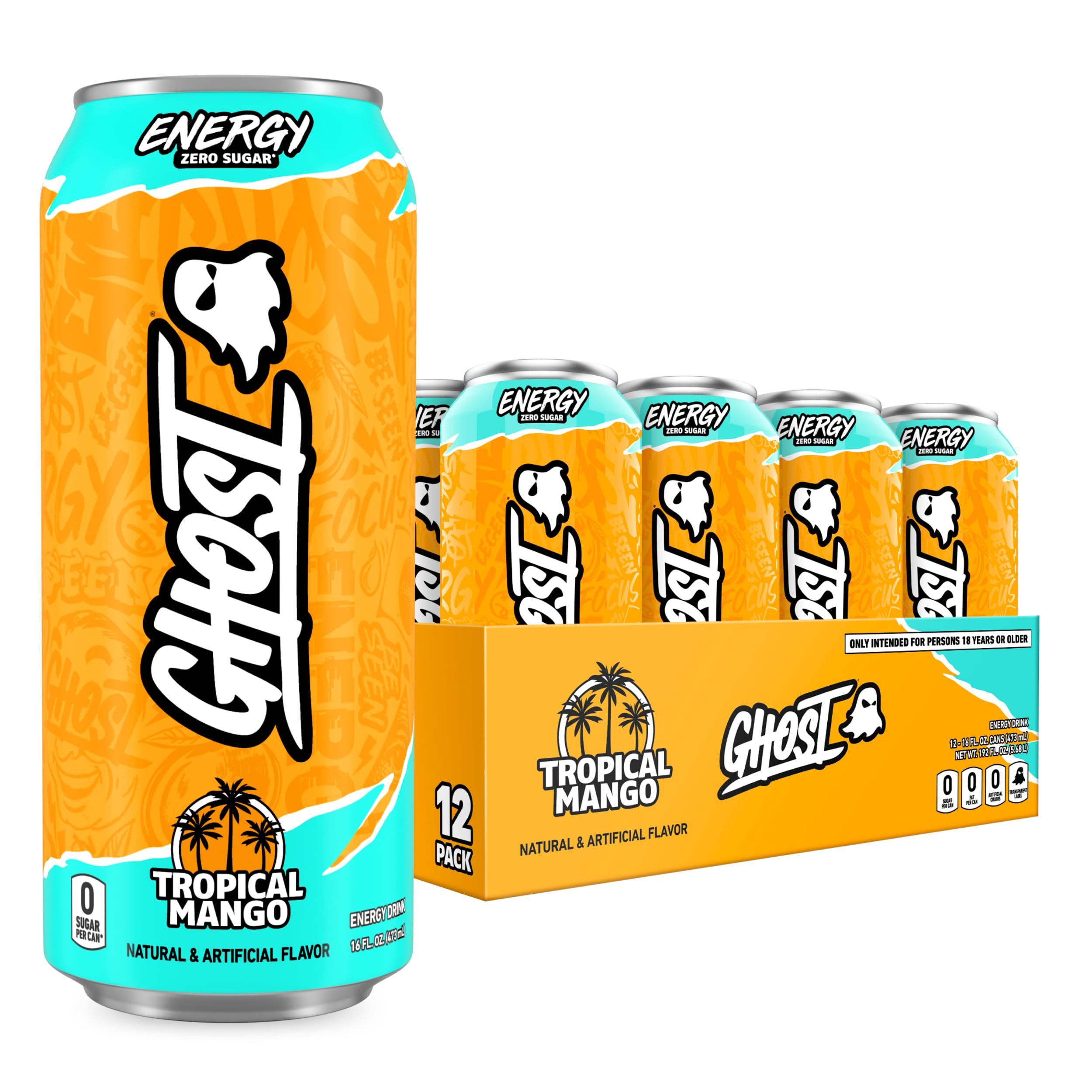 GHOST Energy Drink - 12-Pack, Strawbango, 16oz - Energy & Focus & No Artificial Colors - 200mg of Natural Caffeine, L-Carnitine & Taurine - Gluten-Free & Vegan